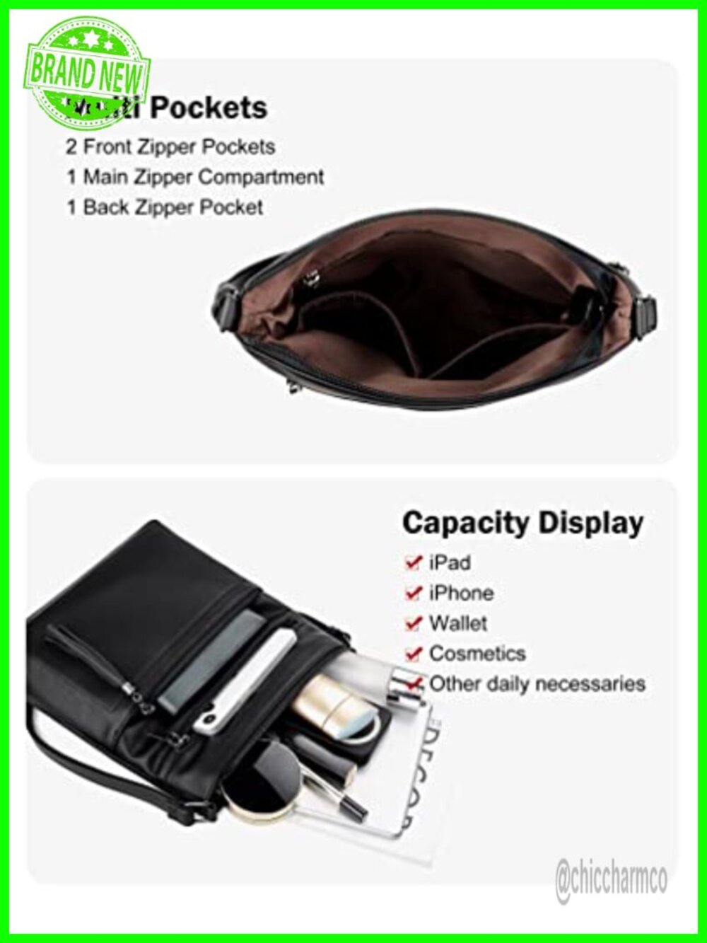 Vegan PU Leather Crossbody Bag Multi Pocket Adjustable Strap - Picture 3 of 6